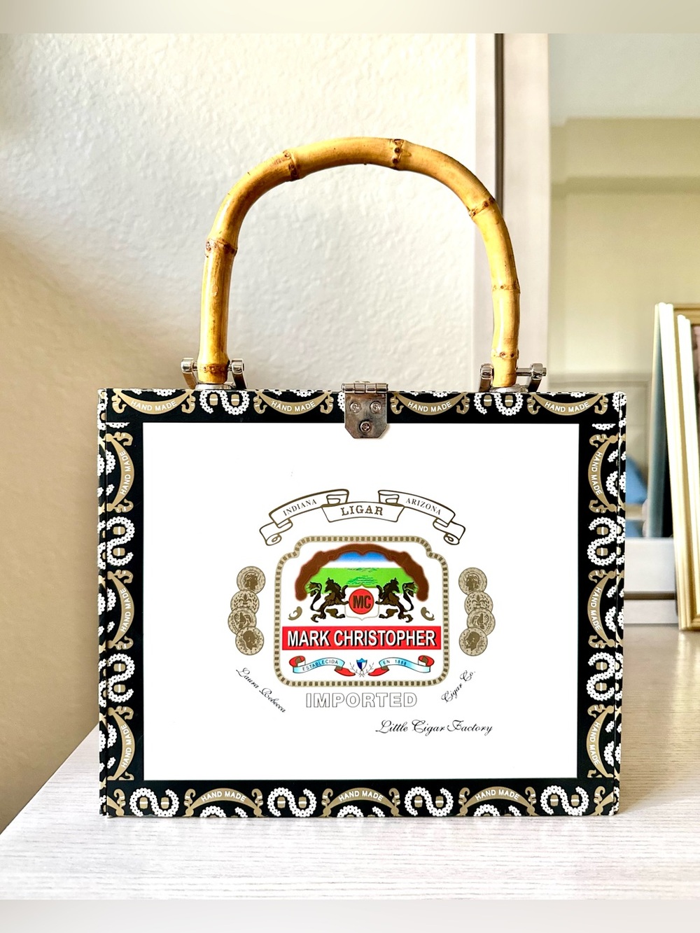 VINTAGE MARK CHRISTOPHER LIGAR CIGAR BOX HANDBAG WITH BAMBOO HANDLE